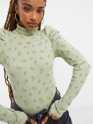 Monki Ronja Organic Cotton Long Sleeve High Neck Top In Green