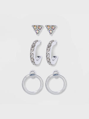 Cubic Zirconia Triangle Stud And Huggie Earring Set - A New Day™ Silver