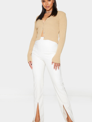 Cream Faux Leather Seam Detail Split Hem Pants