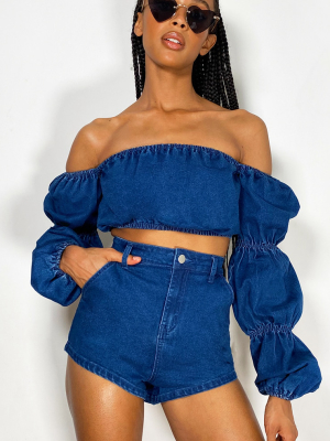 Dark Blue Wash Layered Puff Sleeve Denim Crop Top