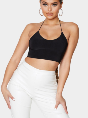 Black Slinky Spaghetti Strap Halterneck Crop Top