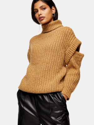 Camel Split Shoulder Roll Neck Knitted Sweater