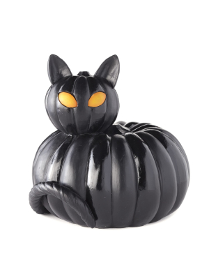 Lakeside Ceramic Cat Head On Pumpkin Body With Lighted Eyes In Sitting Position Figure