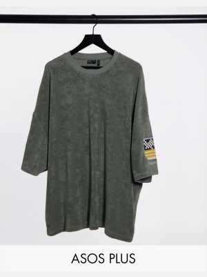 Asos Design Plus Oversized T-shirt With Flag Badge Sleeve Embroidery In Terrycloth