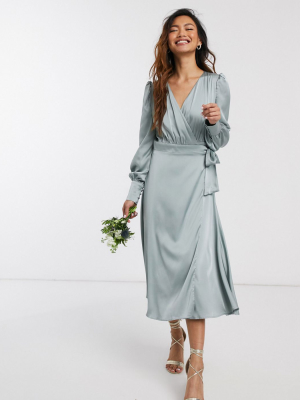 Tfnc Bridesmaid Long Sleeve Wrap Front Sateen Midi Dress With Belt In Sage