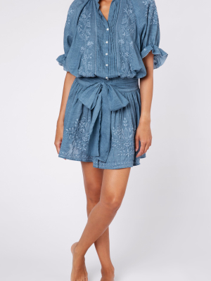 Embroidered Washed Cotton Mini Shirt Dress