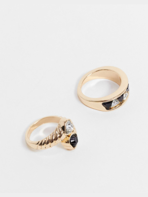 Asos Design Pack Of 2 Rings With Black And Crystal Stones In Gold Tone