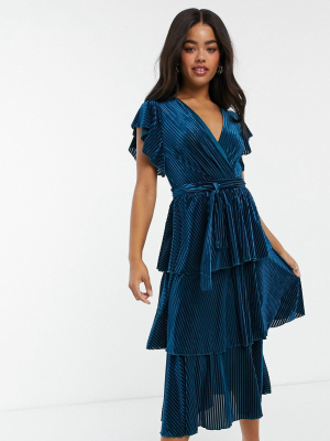 Little Mistress Striped Velvet Tiered Midi Dress In Cobalt