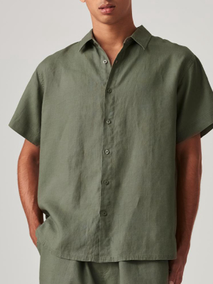100% Linen Short Sleeve Shirt In Khaki - Mens