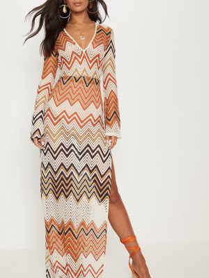 Burnt Orange Chevron Print Lace Maxi Dress