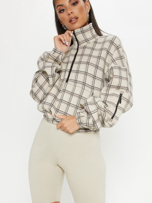 Brown Check Oversized Zip Front Sweater