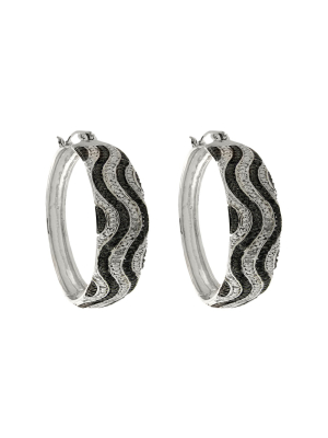 0.02 Ct.t.w. Round-cut Diamond Accent Black And White Wave Design Prong Set Hoop Earrings Silver Plated
