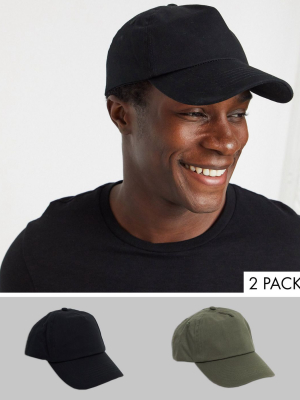 Asos Design 2 Pack Baseball Cap In Black And Khaki Save