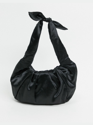 Monki Chrissy Recycled Polyester Satin Ruched Shoulder Bag In Black