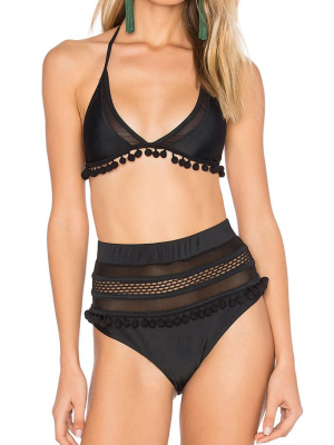 Pompon High Waisted Splicing Mesh Bikini Swimsuit - Two Piece Set