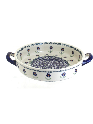 Blue Rose Polish Pottery Blue Daisy Small Round Baker With Handles