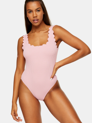 Pink Scallop Wavy Ribbed Swimsuit