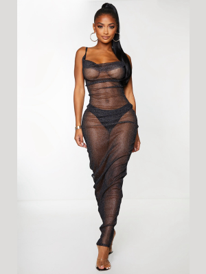 Shape Black Glitter Mesh Sheer Cowl Neck Maxi...