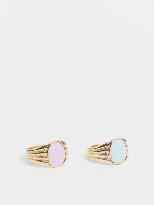 Asos Design Pack Of 2 Ring With Blue And Pink Enamel In Gold Tone