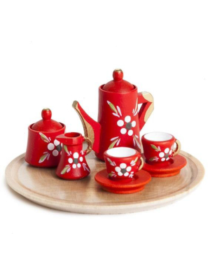 Miniature Red Floral Dollhouse Tea Set