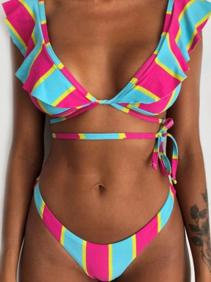 Multi Way Contrast Striped Ruffle Bikini Swimsuit - Two Piece Set