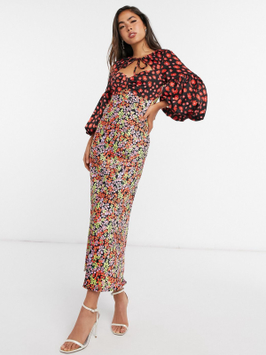 Asos Design Satin Sweetheart Tie Neck Maxi Dress In Mixed Floral Print