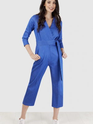 Blue Wrap Tie Front Jumpsuit