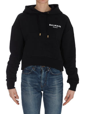 Balmain Flocked Logo Cropped Hoodie