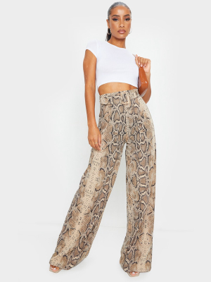 Brown Snake Print Belted Wide Leg Pants