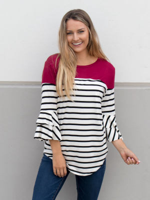 Double Ruffle Stripe Color Block Top - Cranberry