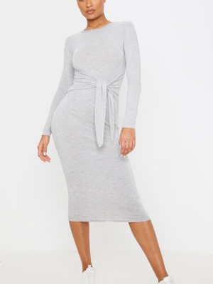 Grey Tie Waist Long Sleeve Midi Dress