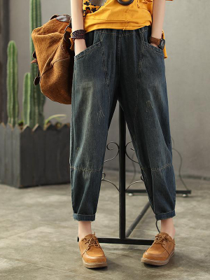 Plus Size Vintage Loose Elastic Waist Spliced Distressed Jeans