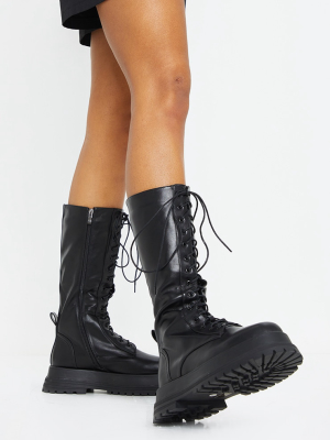 Black Lace Up Calf Chunky Boots