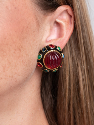 Ruby Center Button Clip Earrings