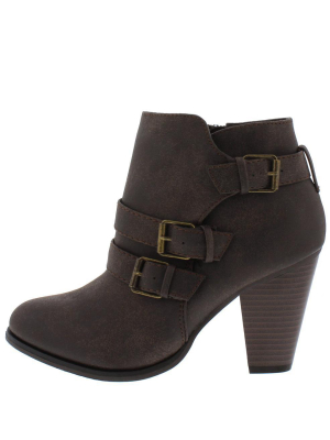 Camila64 Brown Distressed Multi Buckle Strap Stacked Ankle Boot