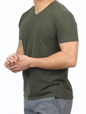 Lightweight Washed Forest Green Pima Cotton V Neck Tee