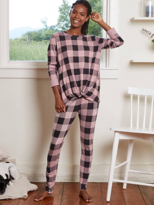 Women's Buffalo Check Cozy Long Sleeve Top And Leggings Pajama Set - Stars Above™ Pink