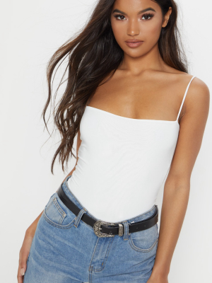 White Slinky Square Neck Spaghetti Strap Bodysuit