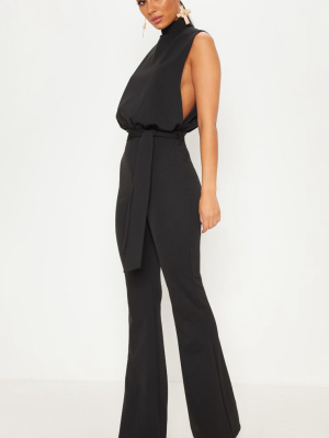 Black Scuba High Neck Tie Waist Jumpsuit