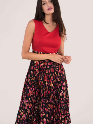 Closet Gold Red Print Pleated Skirt Dress