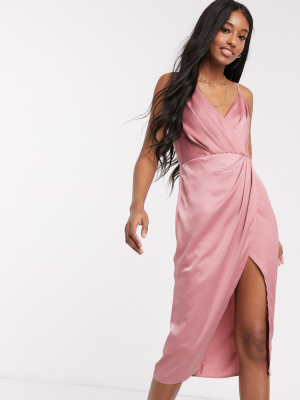 Little Mistress Satin Wrap Dress In Pink