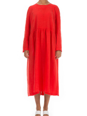 Buttoned Back Bright Red Linen Dress