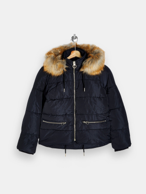 Navy Faux Fur Hooded Padded Puffer Jacket