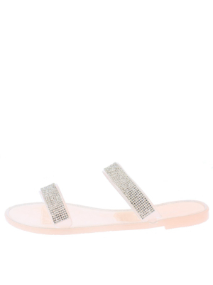 Joanie197 Nude Sparkle Dual Strap Flat Slide Sandal