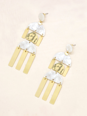 Long Geometric Resin Dangle Earrings In White & Gold