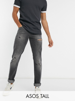 Asos Design Tall Slim Jeans In Washed Black With Distressing And Thigh Tear