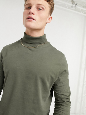 Asos Design Long Sleeve Roll-neck In Washed Khaki