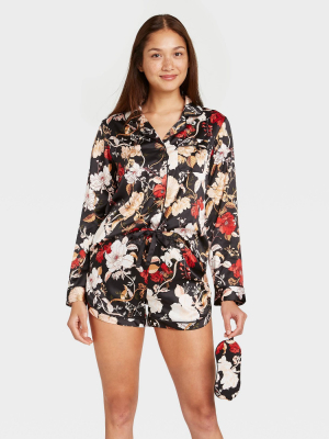 Women's 3pc Floral Print Satin Long Sleeve Notch Collar Top And Shorts Pajama Set - Stars Above™ Black