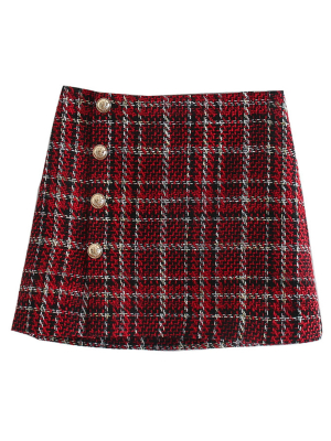 'pardon' Tweed Plaid Buttoned Mini Skirt
