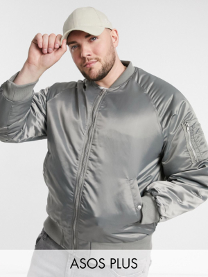 Asos Design Plus Oversized Bomber Jacket With Ma1 Pocket In High Shine Gray